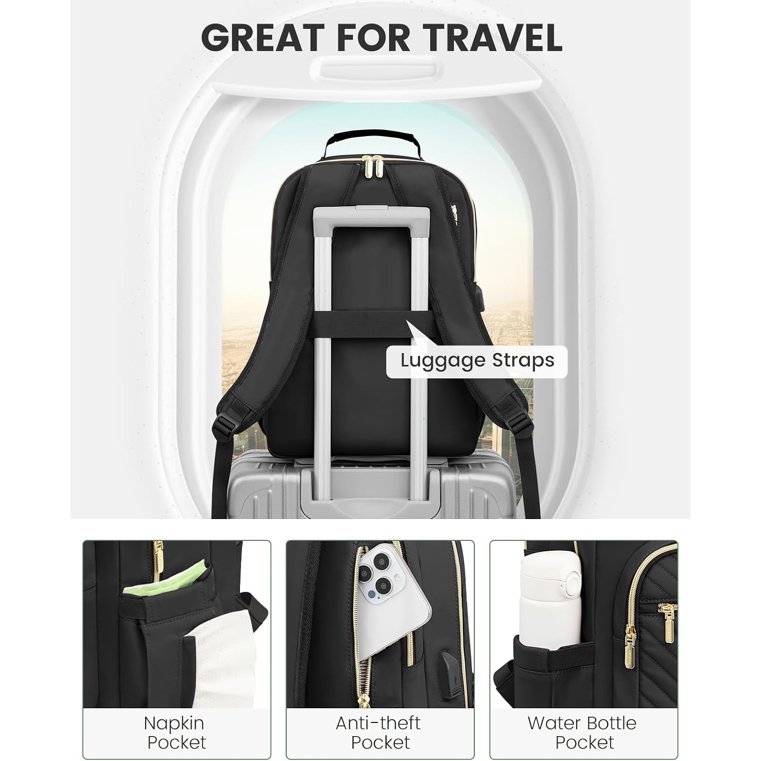 Lovevook Laptop Backpack Purse For Women, Work Travel Computer Bags, College School Backpack For Student Girl, Quilted Casual Daypack With Usb Port, Fit 15.6 Inch Laptop, Black