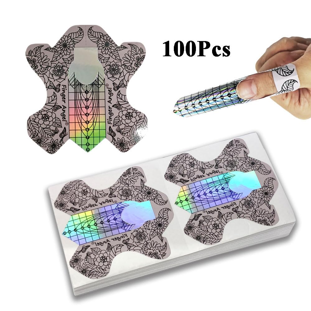 100PCS Nail Extension Form Sticker Laser Color Nail Forms Gel Polish Extension Forms Acrylic Tips Nail Art Decoration DIY Nail Gel Curl