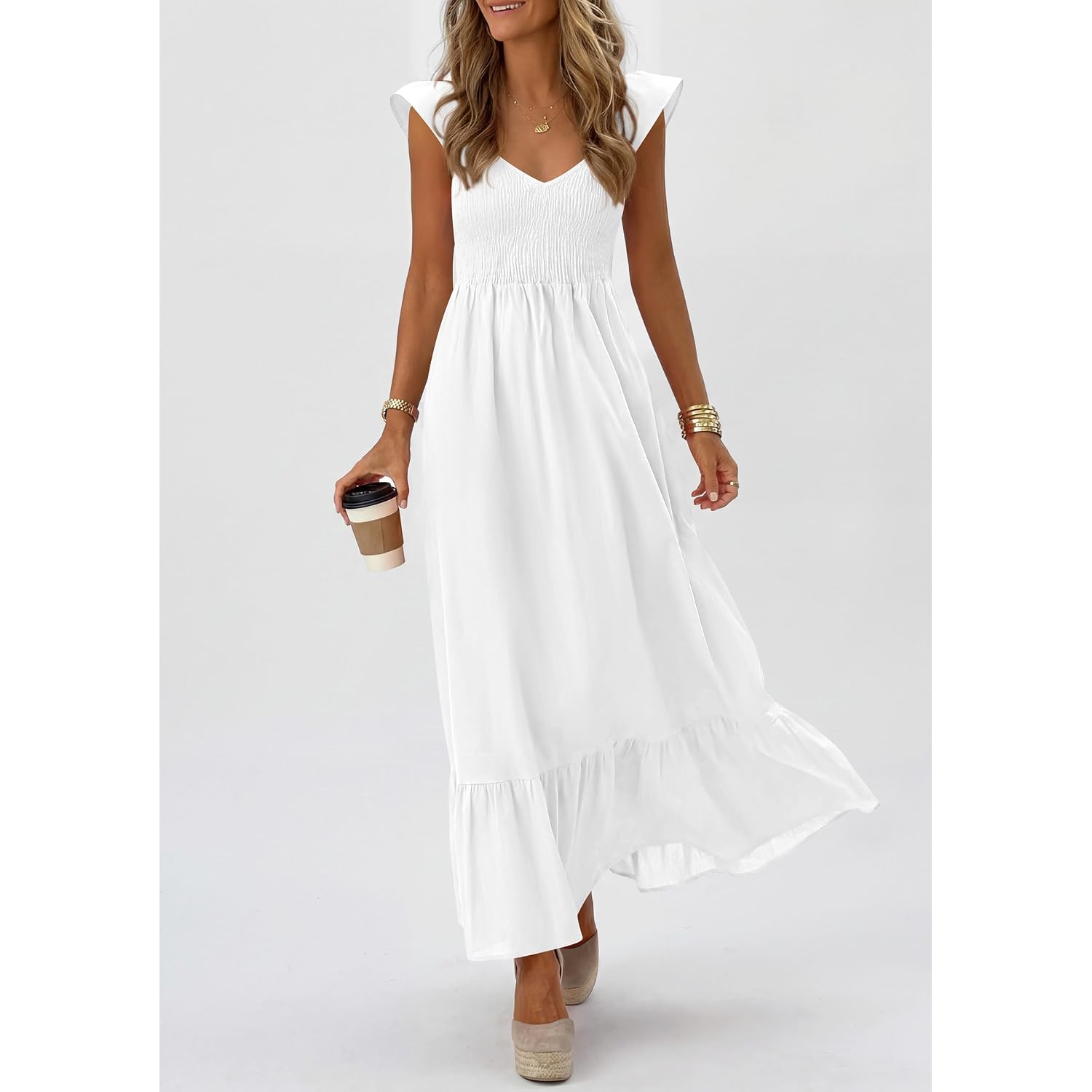 Prettygarden Women'S 2026 Summer Casual Maxi Dresses Cap Sleeve V Neck Smocked Long Pockets Party Sundress Vacation Outfits