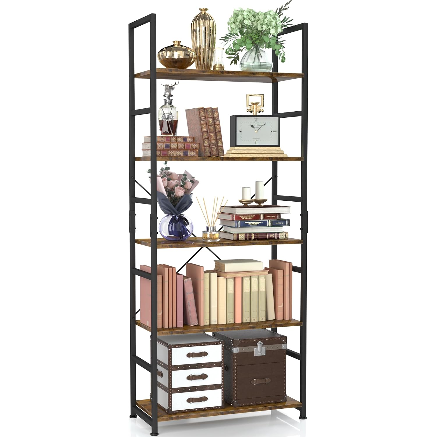 Numenn 5 Tier Bookshelf, Tall Bookcase Shelf Storage Organizer, Modern Book Shelf For Bedroom, Living Room And Home Office, Vintage