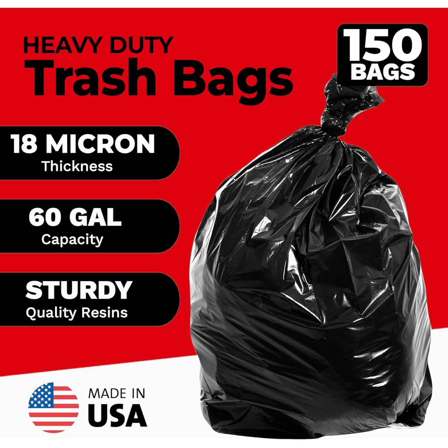 Toughbag 55-60 Gallon Heavy Duty Trash Bags, 150 Count, Black, Made In Usa