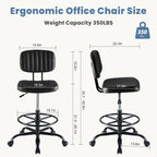 Dumos Armless Drafting Chair, Low Back Office Seat With Adjustable Footrest Ring For Standing Desk, Ergonomic Pu Leather Office Seating, Swivel Rolling High Stool For Studio, Lab, Counter, Black