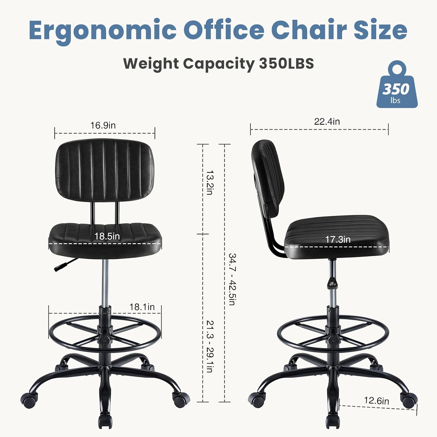 Dumos Armless Drafting Chair, Low Back Office Seat With Adjustable Footrest Ring For Standing Desk, Ergonomic Pu Leather Office Seating, Swivel Rolling High Stool For Studio, Lab, Counter, Black