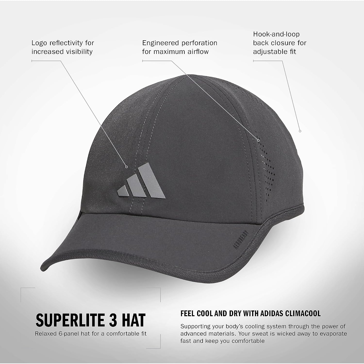 adidas Superlite 3.0 Relaxed Fit Adjustable Performance Hat Grey Six/Silver Metallic/3
