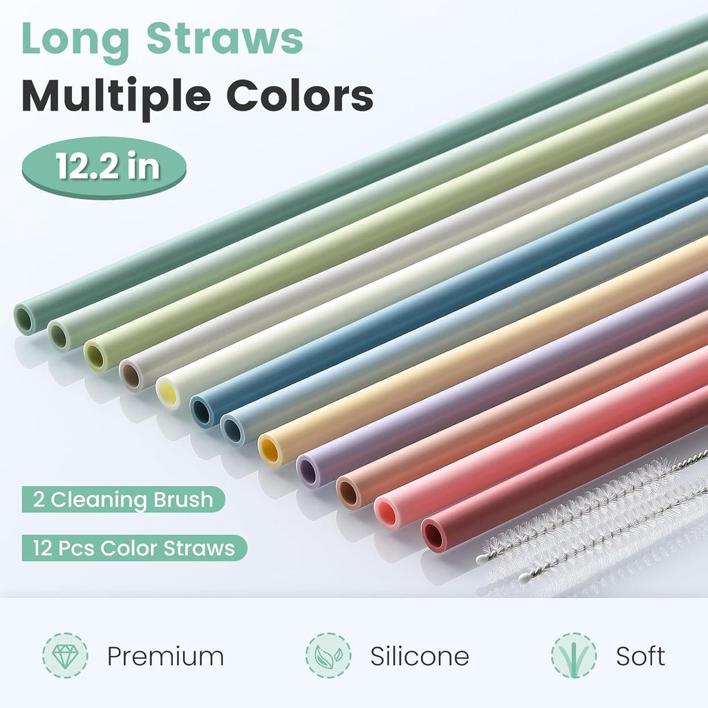 12-Pack Silicone Reusable Straws For Stanley 40 Oz 30 Oz Cup Tumbler, 12.2 Inch Long Replacement Straws With 2 Cleaning Brushes
