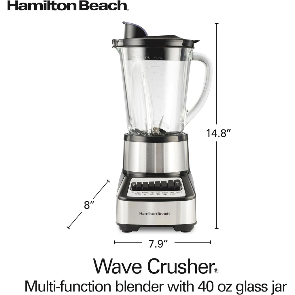 Hamilton Beach Wave Crusher Blender For Smoothies With 40 Oz Glass Jar and 14 Functions, Ice Sabre Blades & 700 Watts for Consistently Smooth Results, Black + Stainless Steel (54221)
