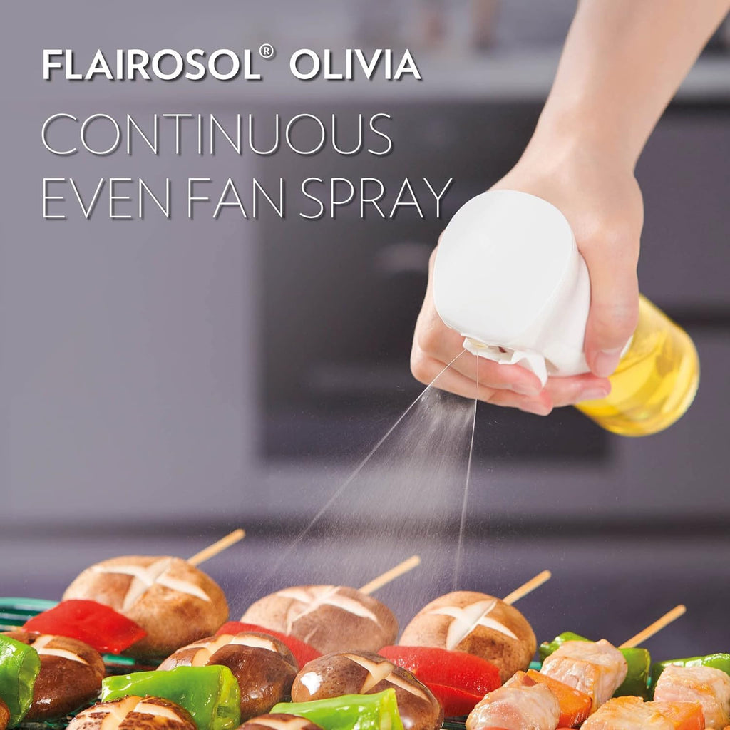 Olivia Signature Advanced Kitchen Oil Sprayer With Flairosol Technology, Fine Mist & Portion Control, Refillable Glass Olive Oil Cooking Spray Bottle For Air Fryer, Salad, Bbq, 130Ml (White Print)