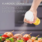 Olivia Signature Advanced Kitchen Oil Sprayer With Flairosol Technology, Fine Mist & Portion Control, Refillable Glass Olive Oil Cooking Spray Bottle For Air Fryer, Salad, Bbq, 130Ml (White Print)