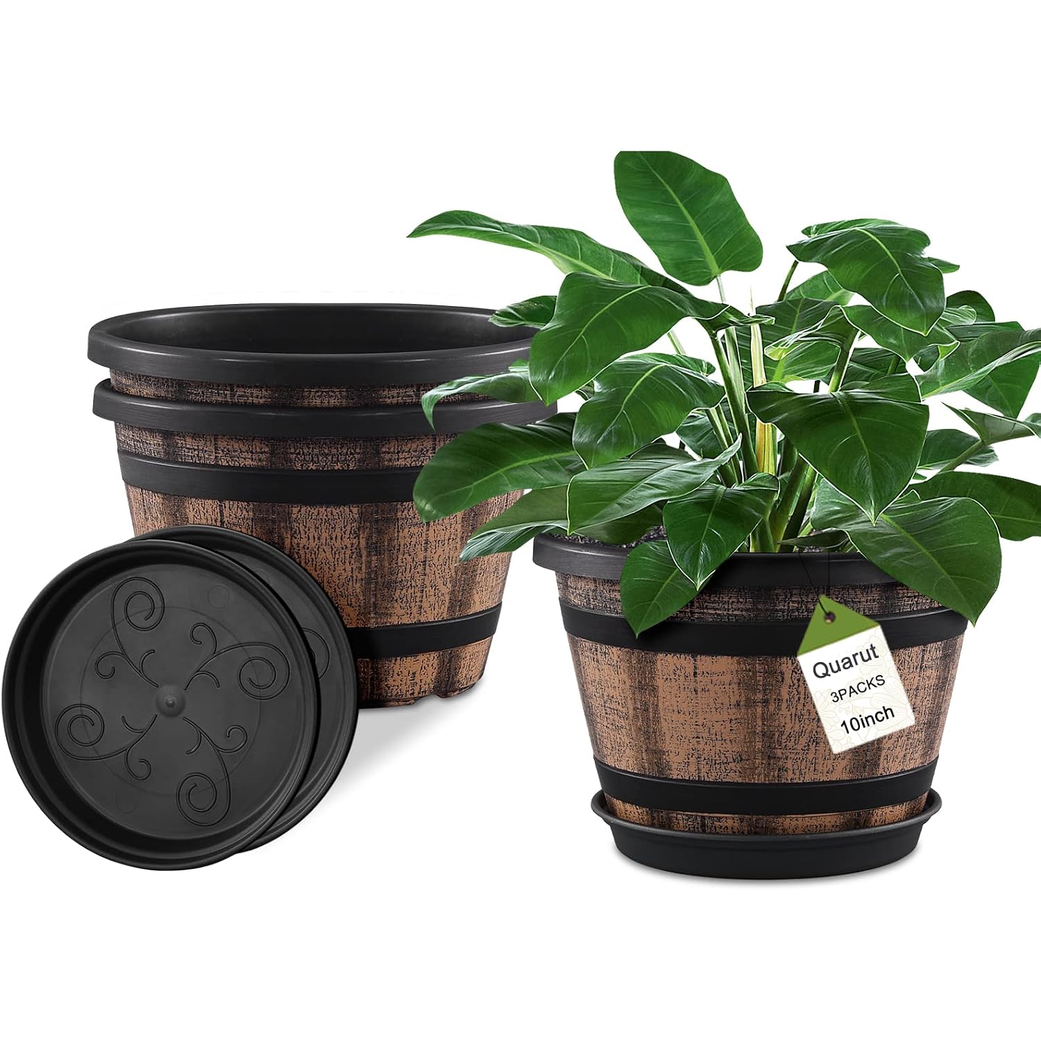 3 Pack 10 Inch Plant Pots,Whiskey Barrel Planters With Drainage Holes & Saucer, Plastic Decoration Flower Pots Imitation Wine Barrel Design, For Indoor & Outdoor Garden Home Plants (Brown)