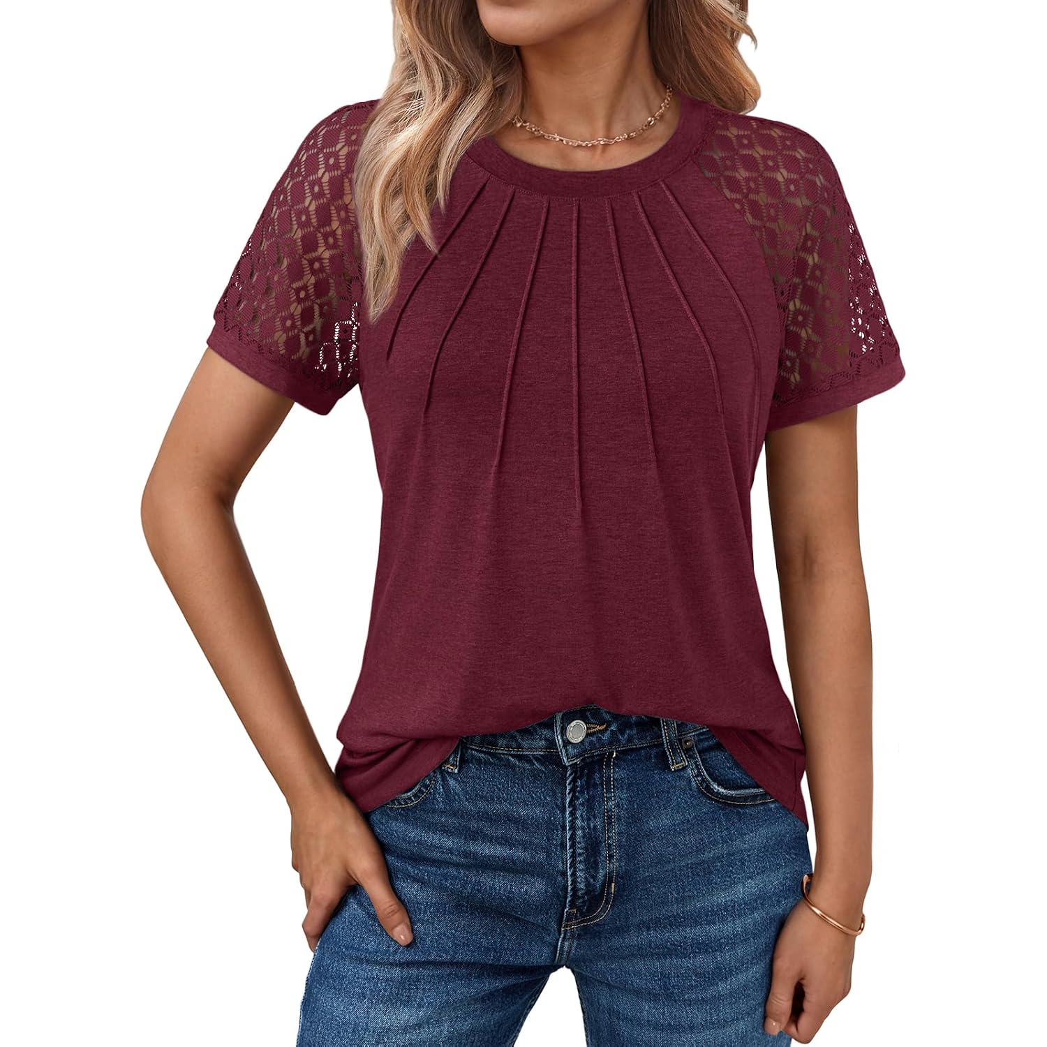 Automet Women'S Lace Short Sleeve Tops - Pleated Business Casual Work Shirts For Summer