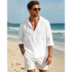 Men'S Cotton Linen Hoodies Casual Hooded Long Sleeve Button Down Shirts Lightweight Casual Hawaiian Beach Sweatshirts
