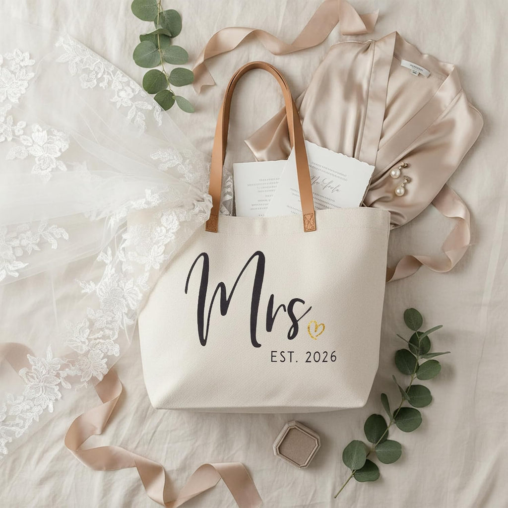 ELEGANTPARK Mrs Gifts for Bride 2026 - Large Canvas Wedding Tote Bag with Zipper, Bridal Shower Gift for Bride to Be, Bachelorette Party Honeymoon Beach Bag