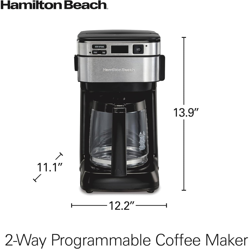 Hamilton Beach Frontfill 12 Cup Programmable Drip Coffee Maker | Regular & Bold Brew Options | Auto Pause And Pour | Glass Carafe | Black With Stainless Accents | 46310