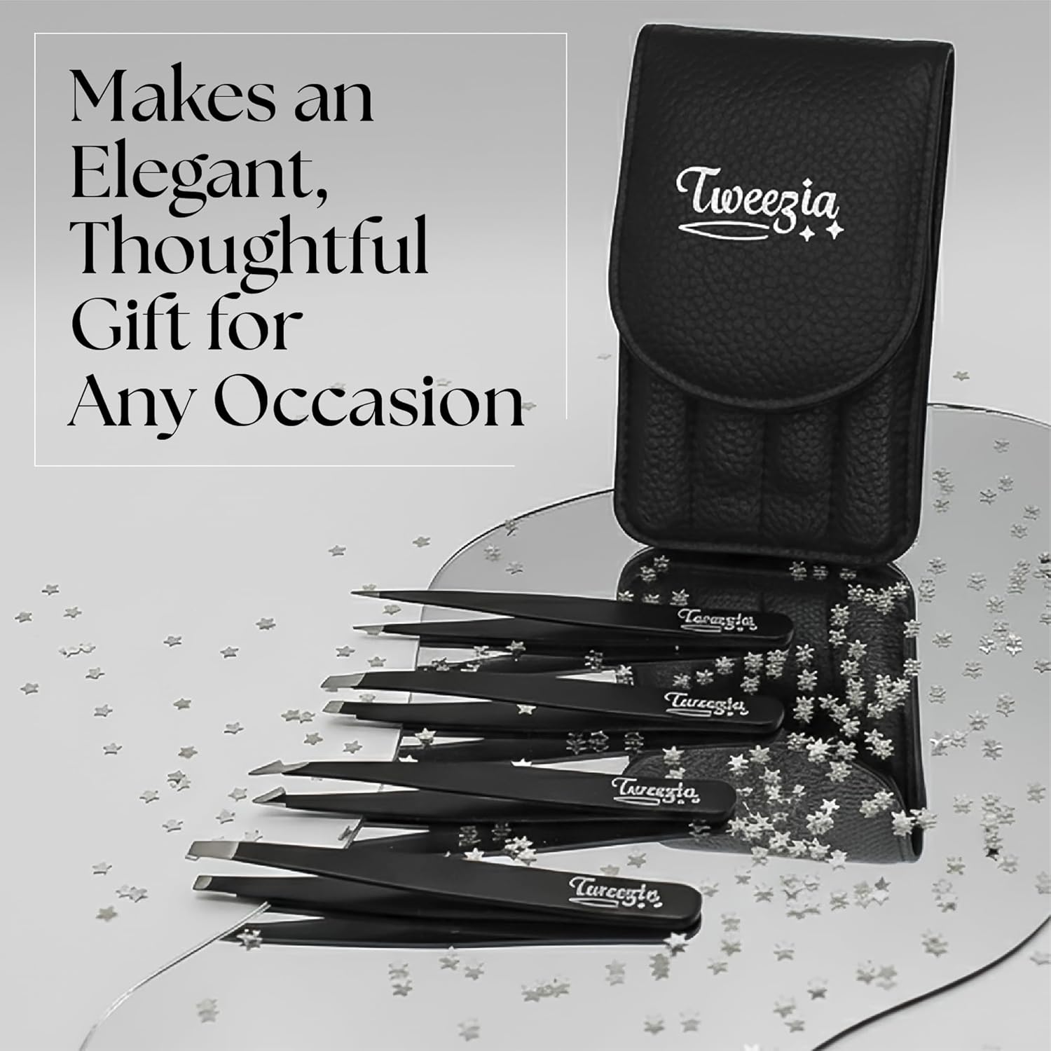 TWEEZIA Stainless Steel Tweezer Set - 4 Precision Tweezers with Mirror & Leather Case - Ideal Eyebrow Kit, Ingrown Hair Tweezers, Splinter Removal Kit or Pointed Tweezers for Beauty and Personal Care