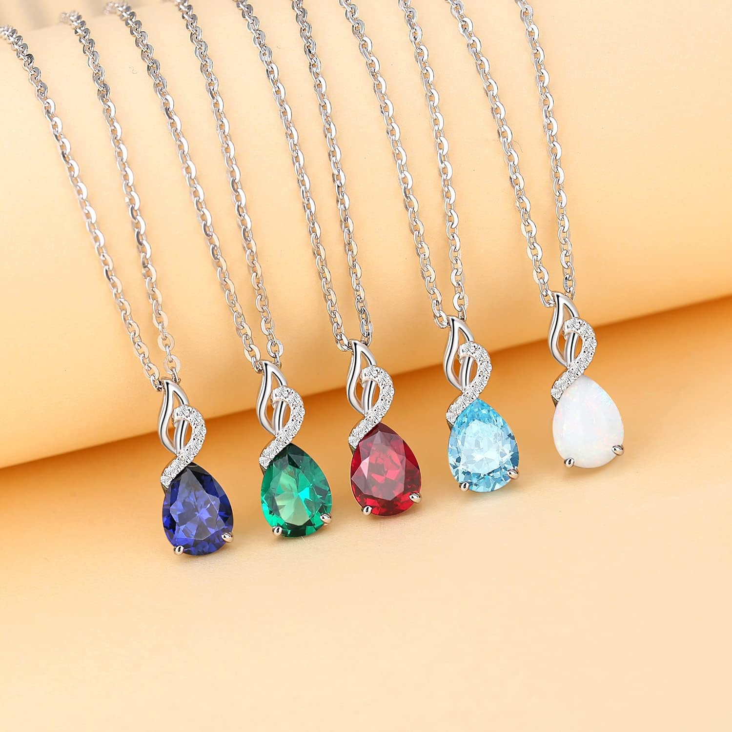 FANCIME 14K Solid White Gold Teardrop Pendant with Diamond Birthstone Necklace