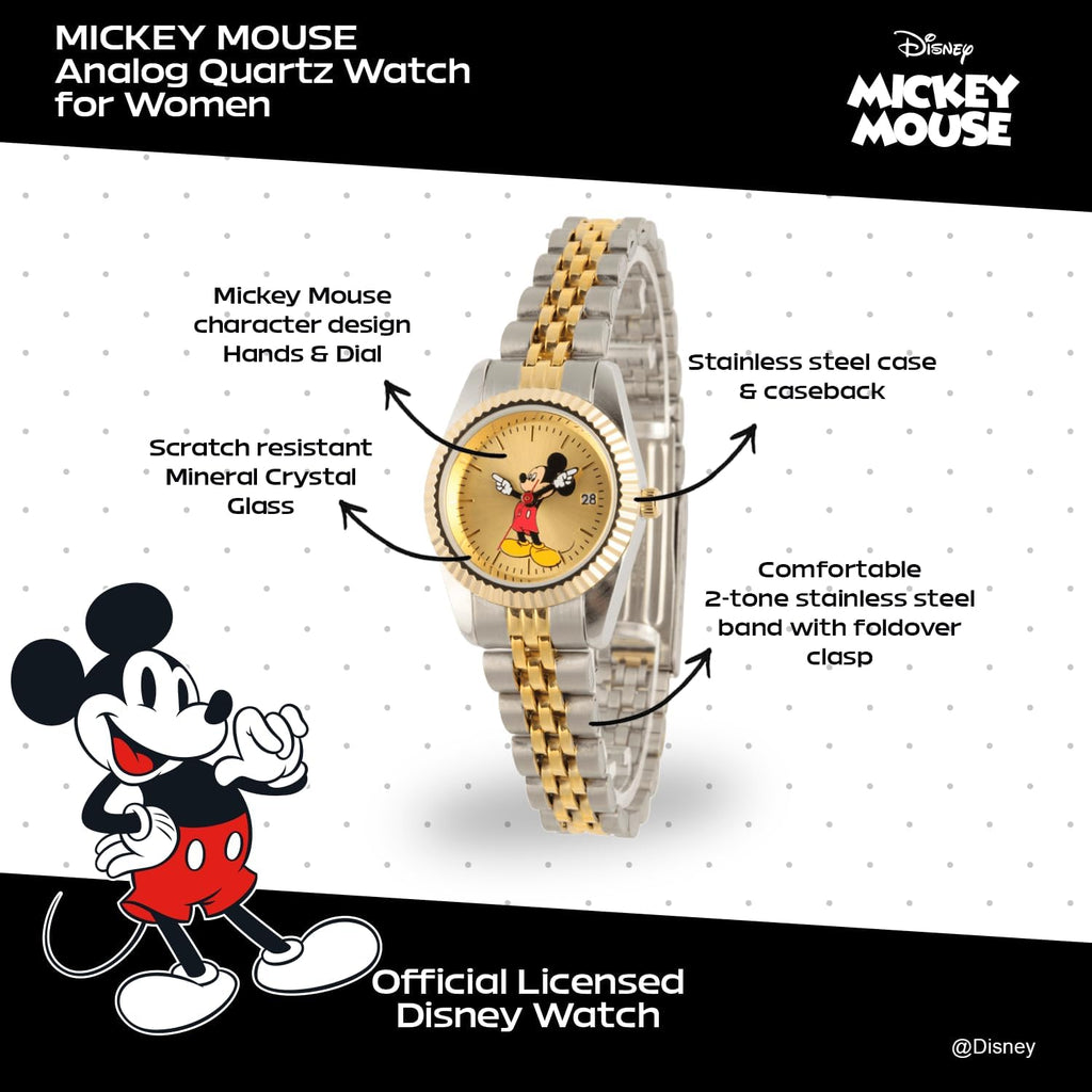 Disney Officially Licensed Mickey Mouse Watch, Stylish & Fun Mickey Mouse Watch For Women, Classic Watches Fans - Women'S Gold Dial Watches With Multicolor Stainless Steel Strap