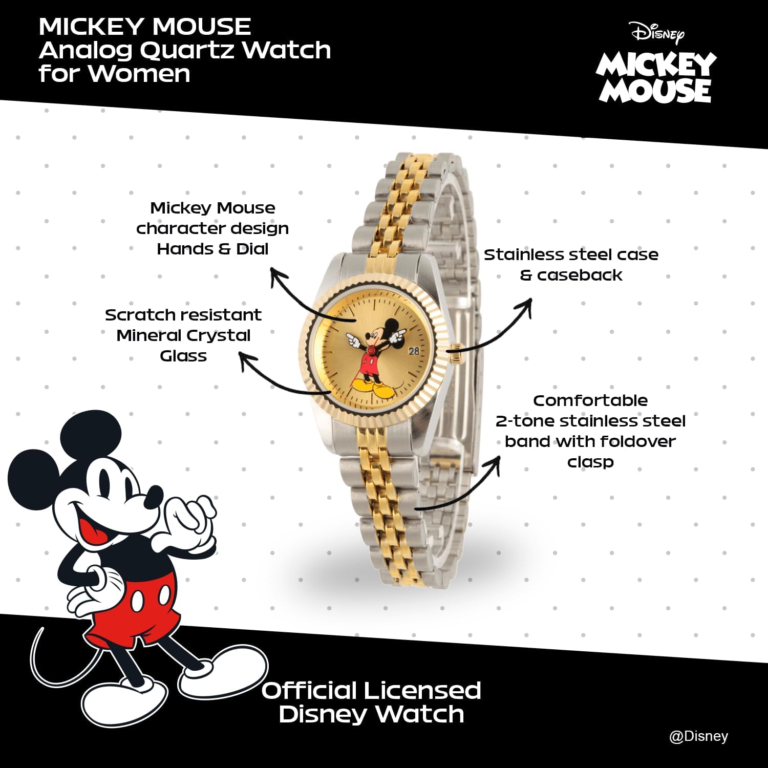 Disney Officially Licensed Mickey Mouse Watch, Stylish & Fun Mickey Mouse Watch For Women, Classic Watches Fans - Women'S Gold Dial Watches With Multicolor Stainless Steel Strap