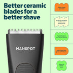 Manspot Manscape Groin & Body Hair Trimmer For Men With Spotglide™ Blade, Electric Ball & Pubic Trimmer Shaver, Replaceable Ceramic Blade, Ipx7 Waterproof Wet/Dry, 90-Min Runtime, 4 Guard Combs