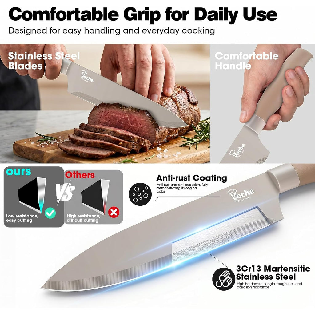 Knife Set, Kitchen Knife Set With Block, 7 Pcs Compact Knife Set, Knife Block Set Space Saving Stainless Steel Kitchen Knives With Scissors For Small Kitchens, Apartment & Everyday Cooking