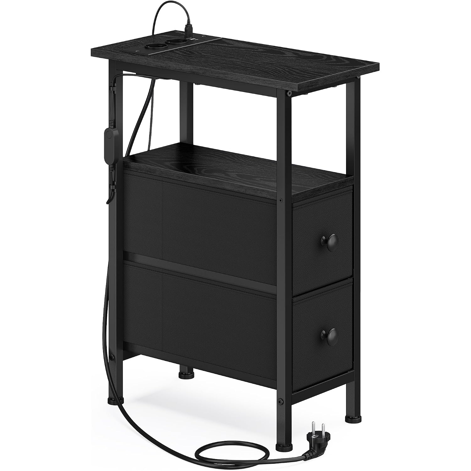 Songmics Side Table With Led Light, Narrow End Table With 2 Drawers, Nightstand With Charging Station, Bedside Tables For Small Space, Living Room, Bedroom, Ink Black, Bellah Collection Ulgs002B101
