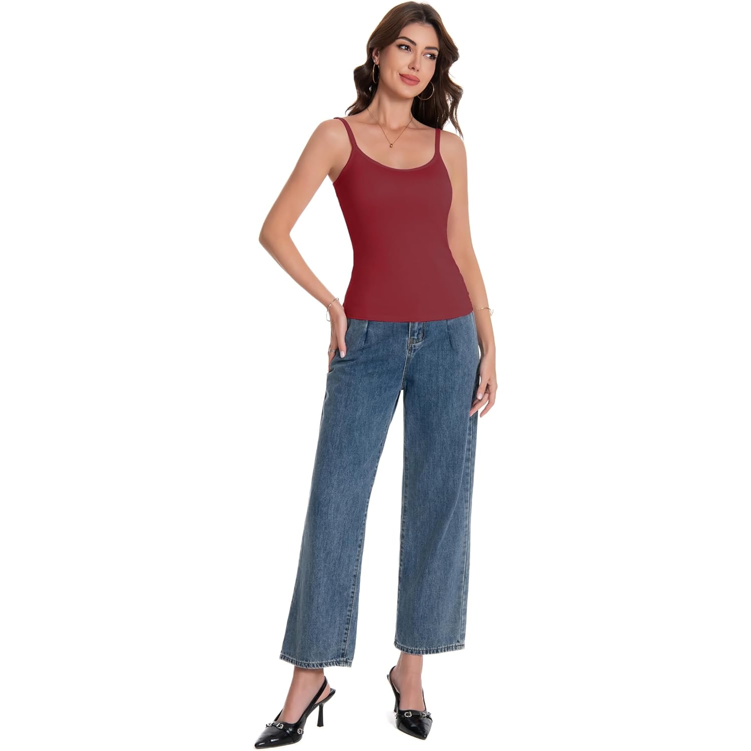 Women Camisole Tank Top - Built-in Bra Adjustable Spaghetti Strap Scoop Neck Padded Casual Basic Cami Shirt