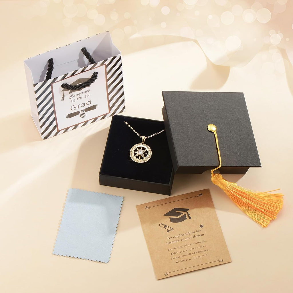 Graduation Gifts for Her, Inspirational Graduates Compass Necklace for Women Girls Jewelry, Class of Senior High School College Graduation Gifts for Friends with Congrats Grad Box and Gift Card (18K Gold Filled 925 Sterling Silver necklace)