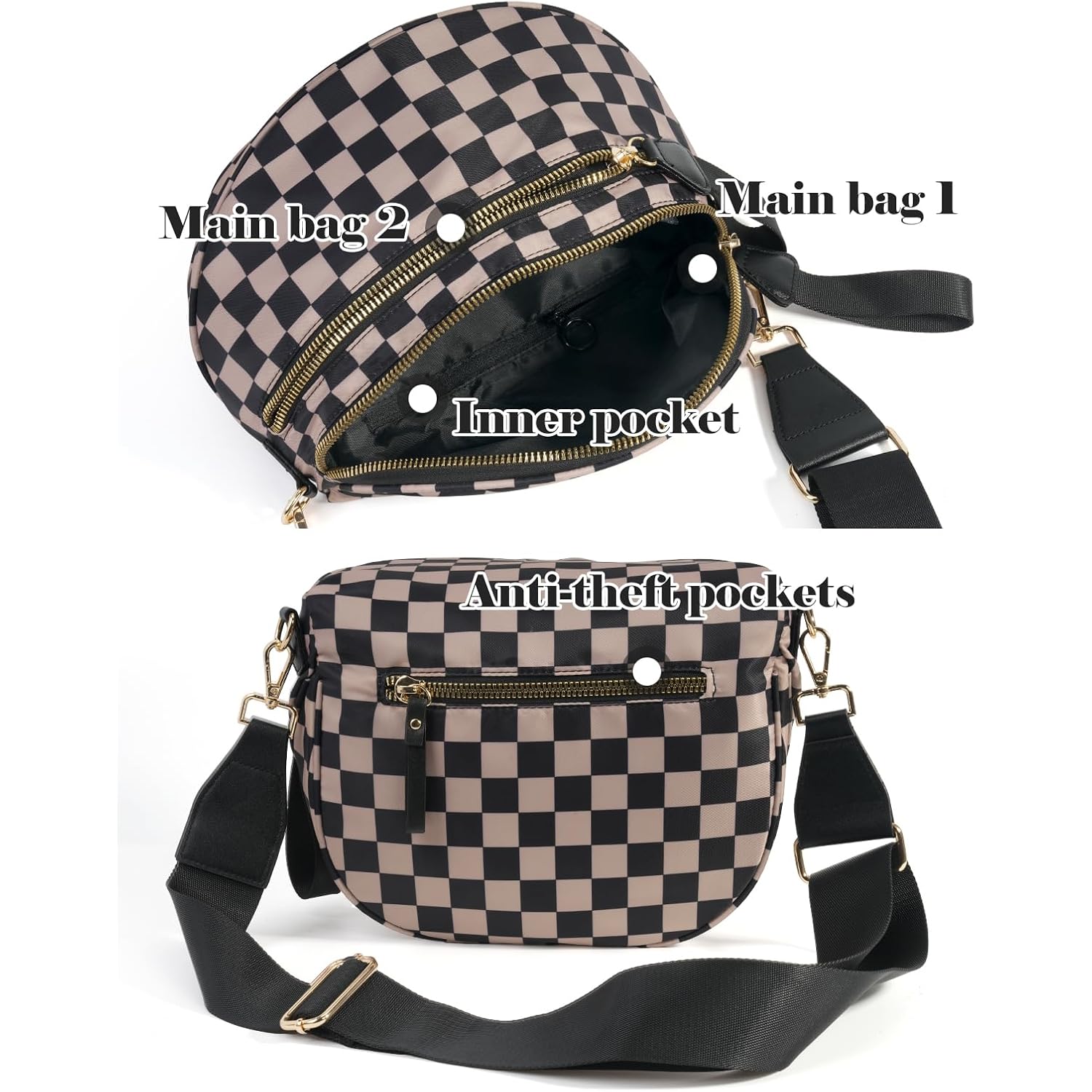 Black and White Checkered Crossbody Bag Bum Bag for Women,Spacious Checkered Purse Fanny Packs Belt Bag