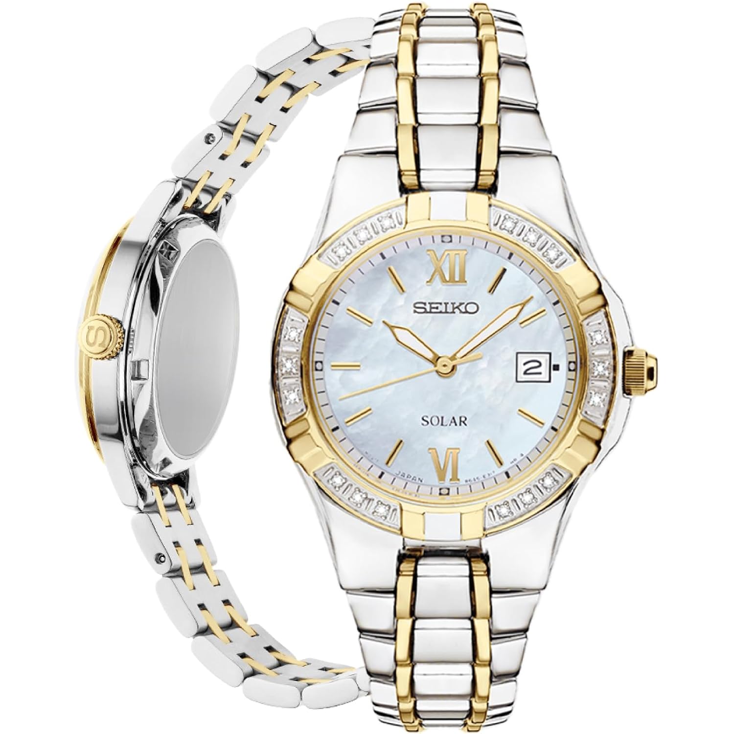 Seiko Sut068 Watch For Women - Diamond Collection - With 18 Diamond Accents, Solar Power, Mother-Of-Pearl Dial, Two-Tone Gold Stainless Steel Case & Bracelet, And Water-Resistant To 50M
