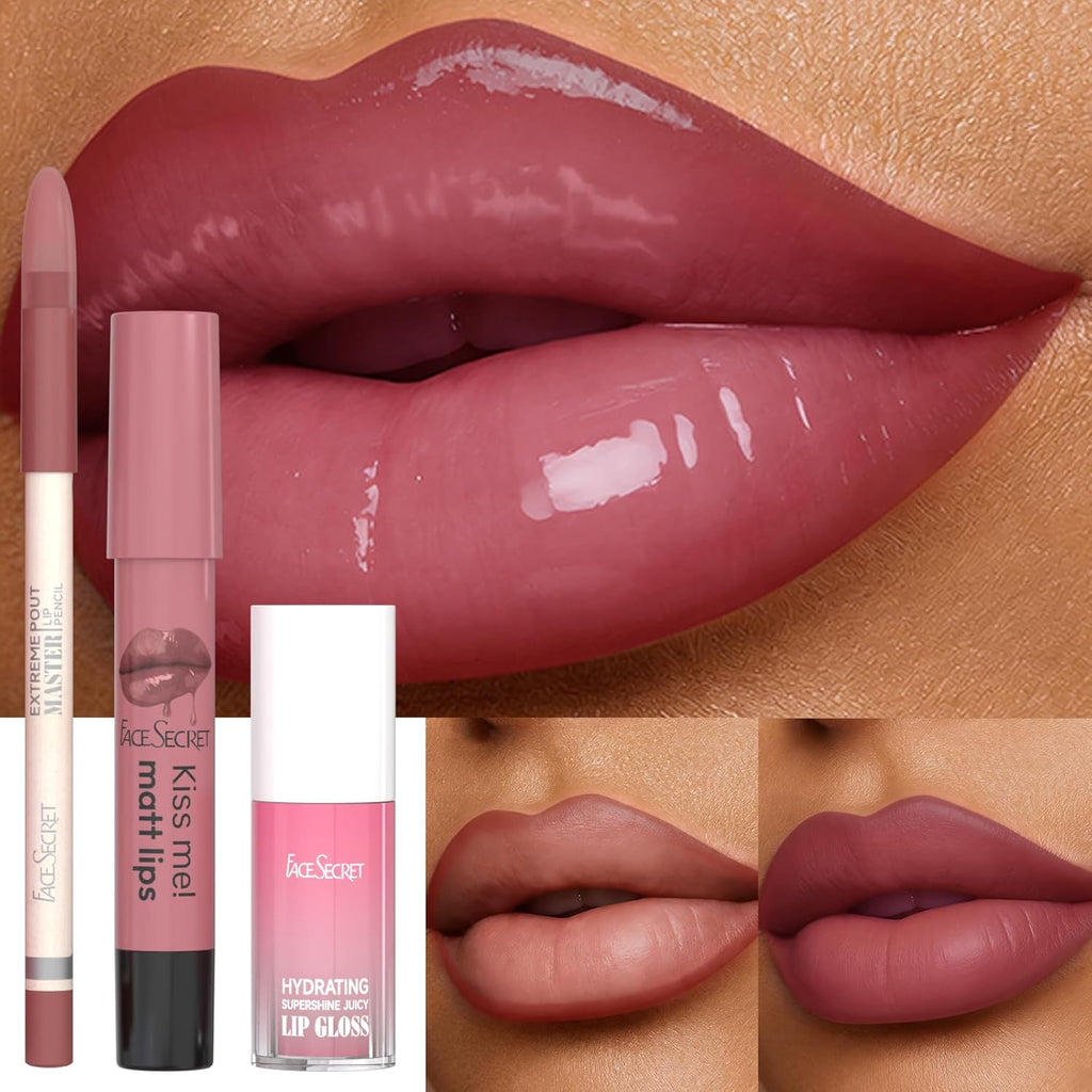3PCS Lip Liner and Lipstick Combo Set, Velvet Matte Lipstick Pencil & Hydrating Lip Gloss - High Pigment Nude Brown Collection, Long-Lasting Moisturizing Lip Liner for Defining