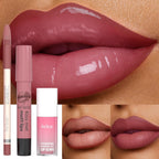 3PCS Lip Liner and Lipstick Combo Set, Velvet Matte Lipstick Pencil & Hydrating Lip Gloss - High Pigment Nude Brown Collection, Long-Lasting Moisturizing Lip Liner for Defining