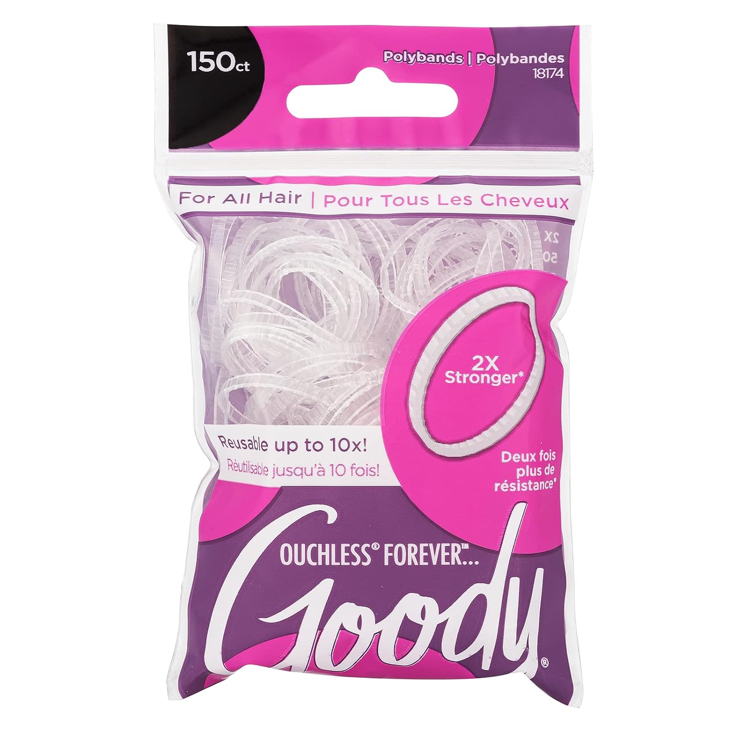 Goody Ouchless Forever Polyband Hair Ties, 150 Ct, Clear, Elastic Bands, Easy Glide, Ultra-Strong Hold Styling Accessories For Women & Men, Secure Hold Ridge Design, All Hair Types