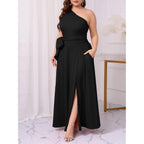 Ekaliy Women'S One Shoulder Belted Maxi Dress Long Formal Wedding Guest Dress With Pockets