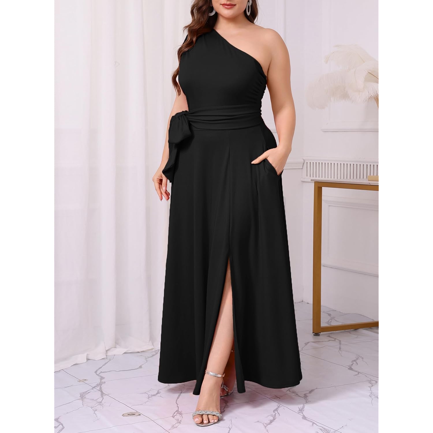 Ekaliy Women'S One Shoulder Belted Maxi Dress Long Formal Wedding Guest Dress With Pockets