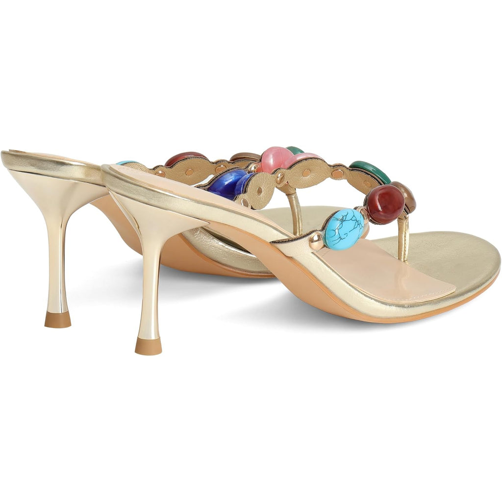 Jeweled Flip Flop Kitten Heels For Women Open Toe Beaded Strappy High Heels Sandals Slip On Thong Heeled Mules Mid Heel Fashion Party Dress Shoes