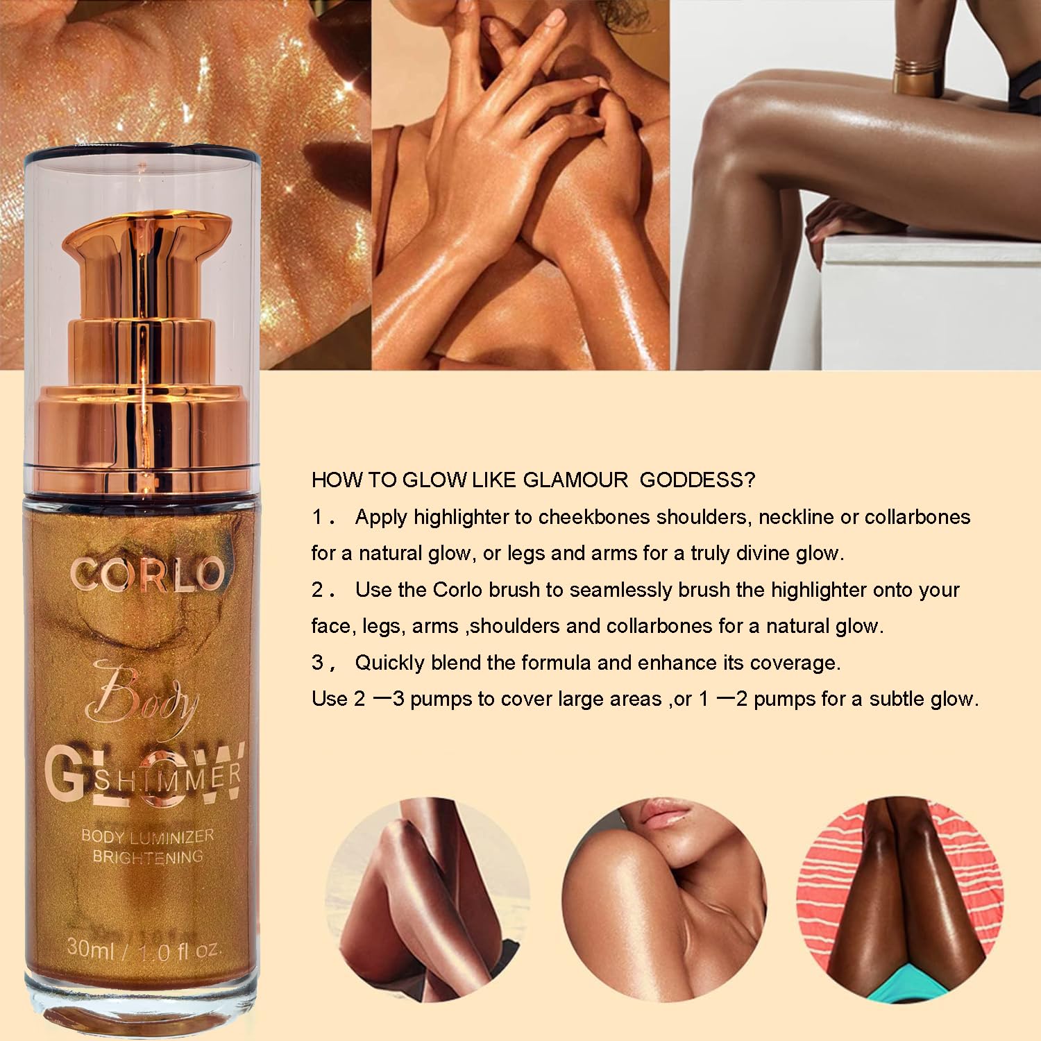 Shimmer Body Oil Glistening Bronze Natural Glow | Sun-Kissed Glow Travel Size Waterproof Long Lasting Liquid Illuminator Highlighter Brush Include