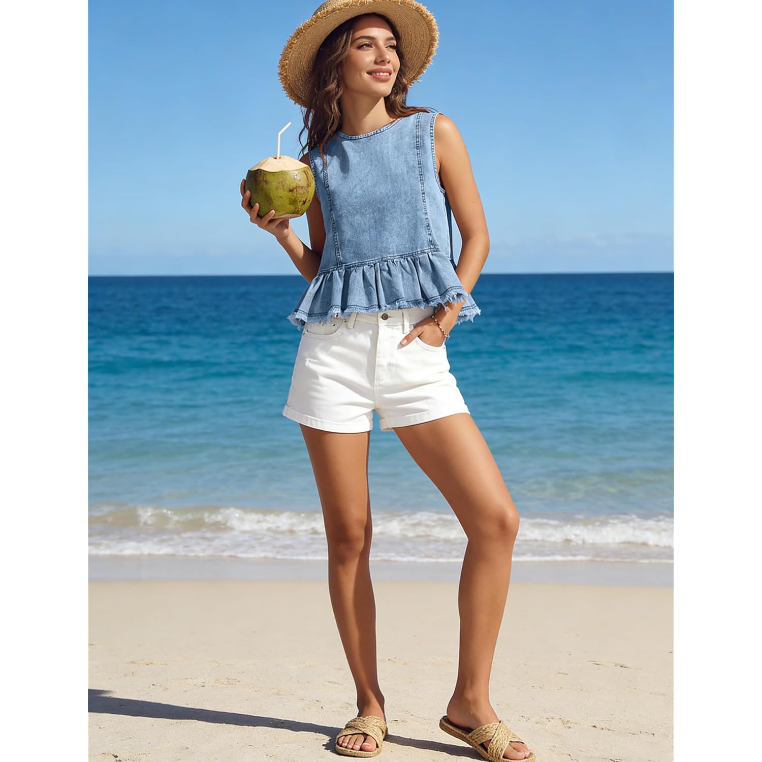 Huaqiao Womens Summer Sleeveless Denim Tops Button Back Crew Neck Jean Vest Cute Swing Ruffle Hem Y2K Tops