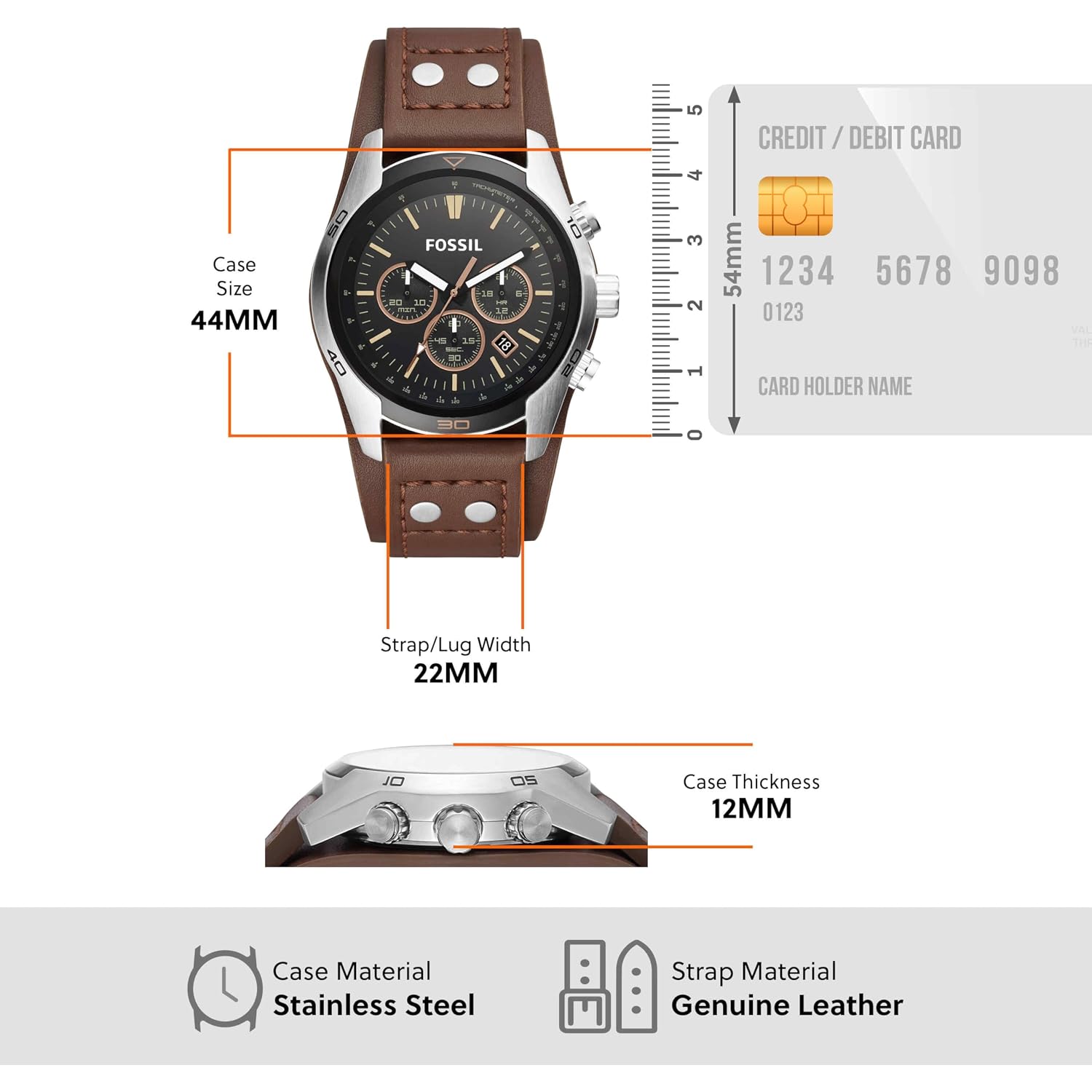 Fossil Men'S Watch, Coachman Quartz Stainless Steel And Chronograph Leather Watch For Men
