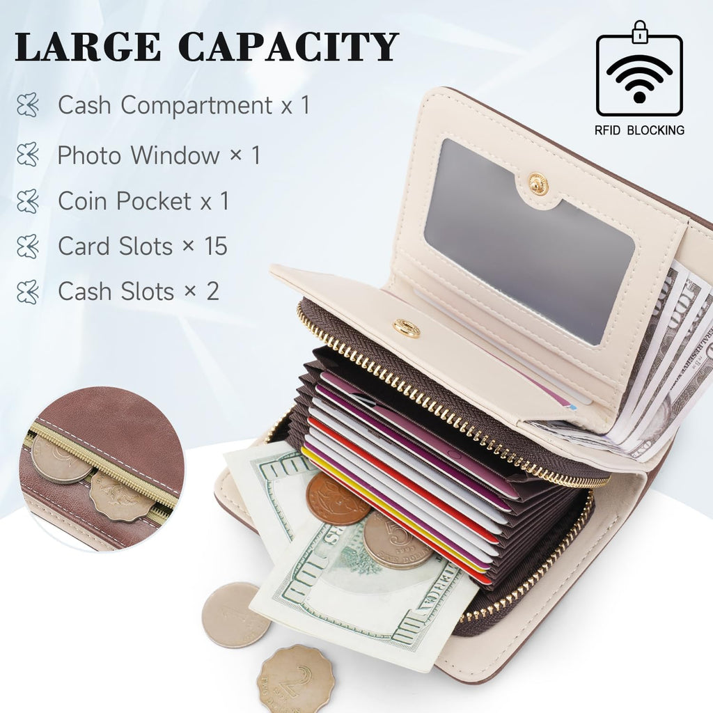 KITEVIUN Women RFID Blocking Small Bifold Wallet, Compact Cash Clutch with Zipper Coin Pocket, Glittery Butterfly Design, Credit Card Holder, Travel Purse with Tassel COFFEE