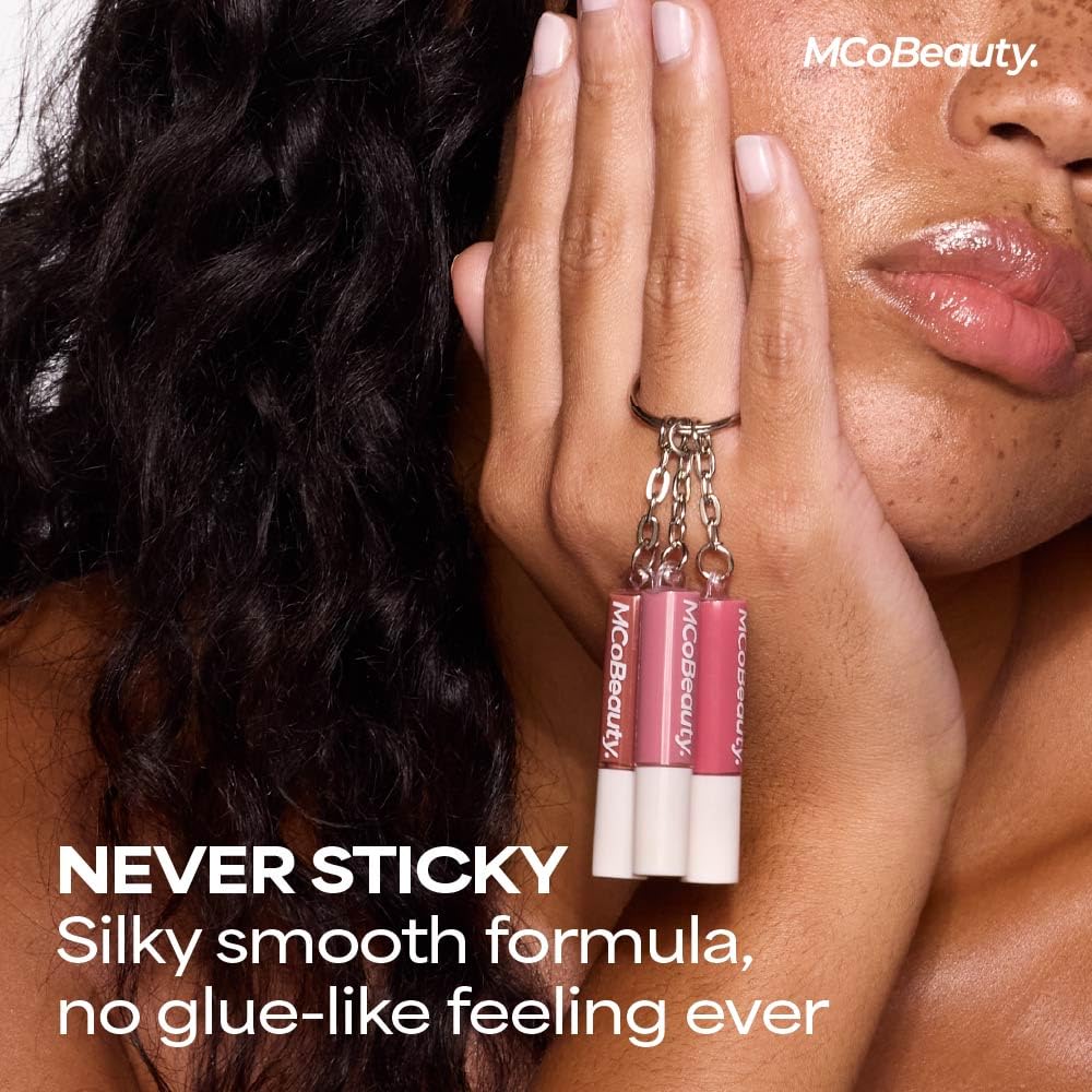 Mcobeauty Lip Gloss Trio - Keychain Lip Gloss Set Of 3 Mini Glosses | 3 High Shine Shades Clip Onto Your Keys, Hydrating Non Sticky Formula, Smooth Doe Foot Glide For Easy Touch Ups