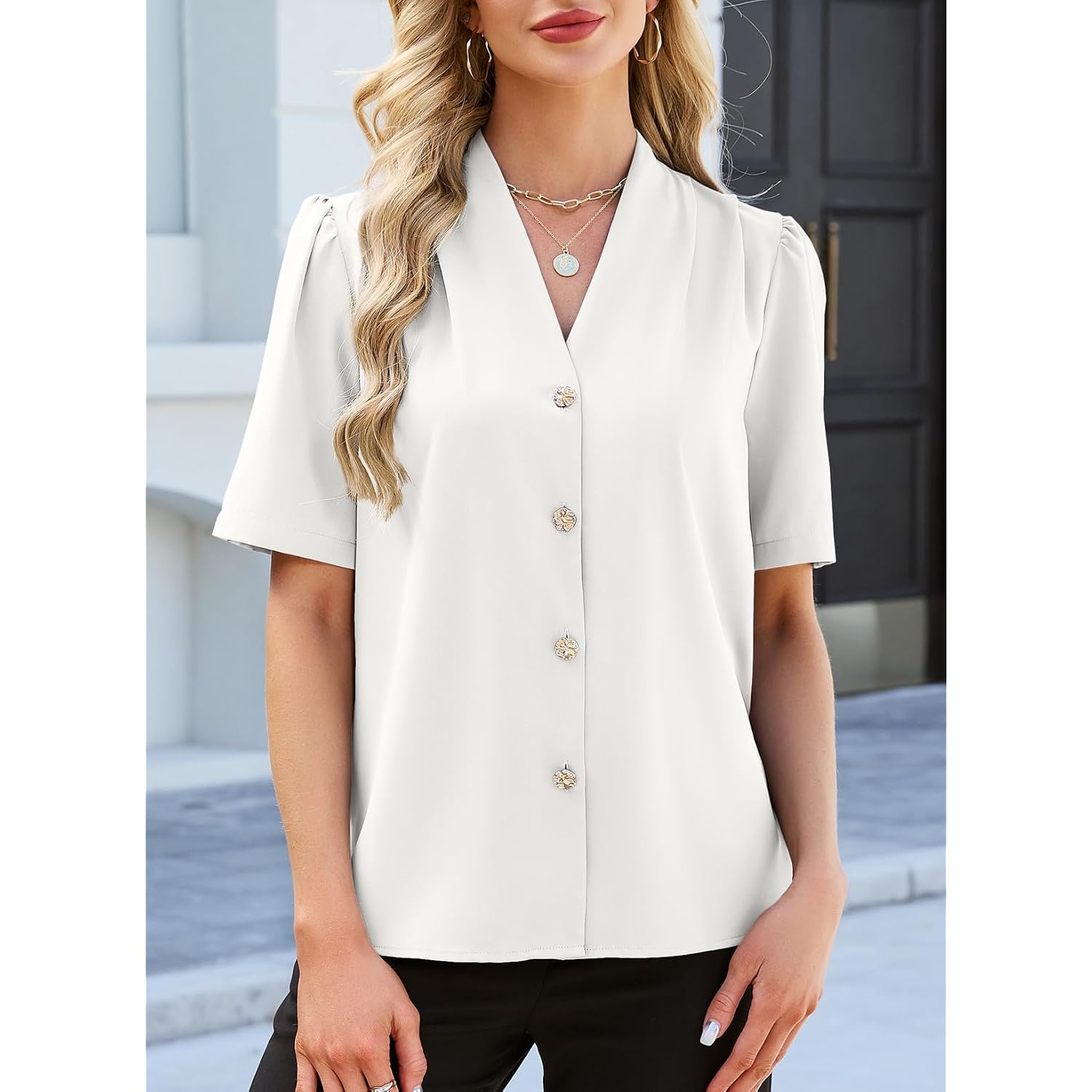 Evaless Blouses For Women Dressy Casual Summer Short Sleeve Button Down Shirts Business Work Tops