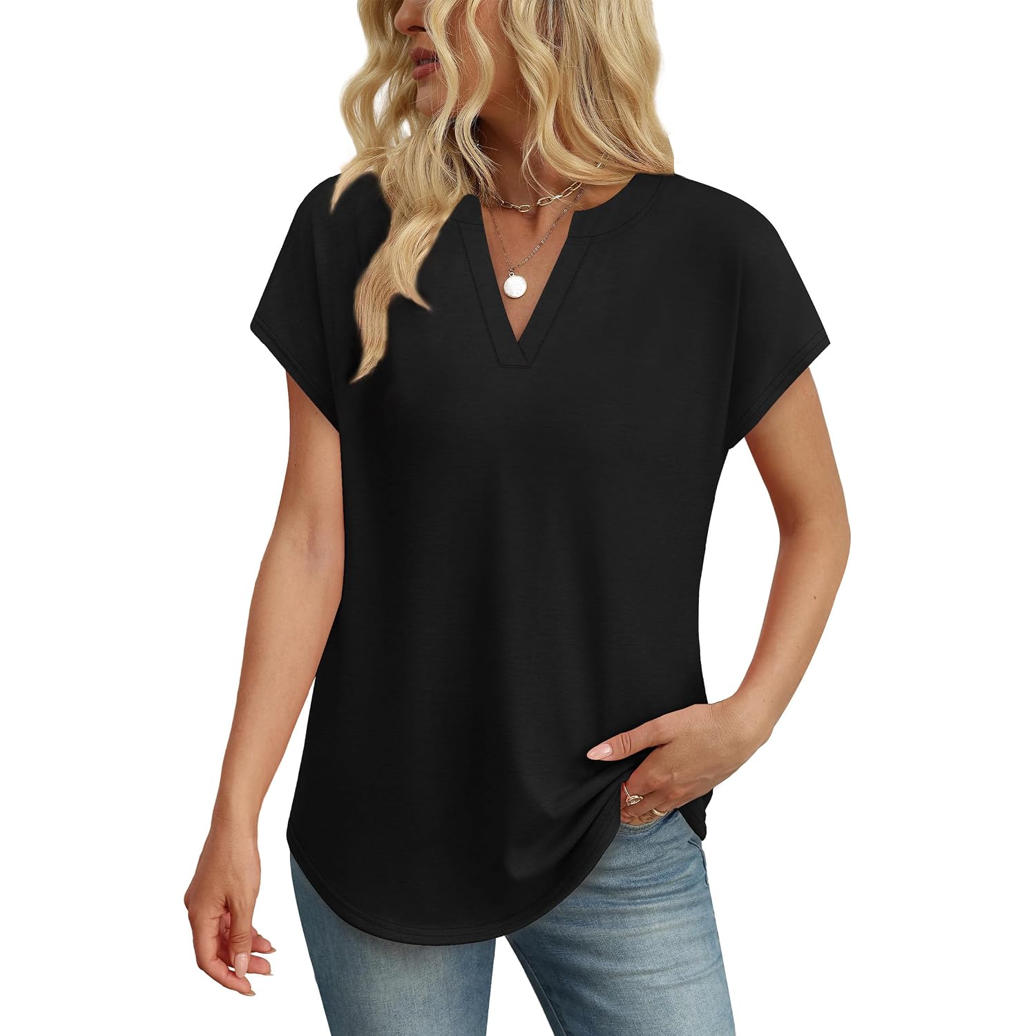 Wiholl Womens Summer Tops V Neck T Shirts Cap Sleeve Business Casual Outfits Loose Fit Beach Vacation Clothes Basic Tees