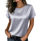 Satin Blouse for Women Business Casual Outfit Short Sleeve Tops Crewneck Tshirt Silk Shirt Summer Clothes
