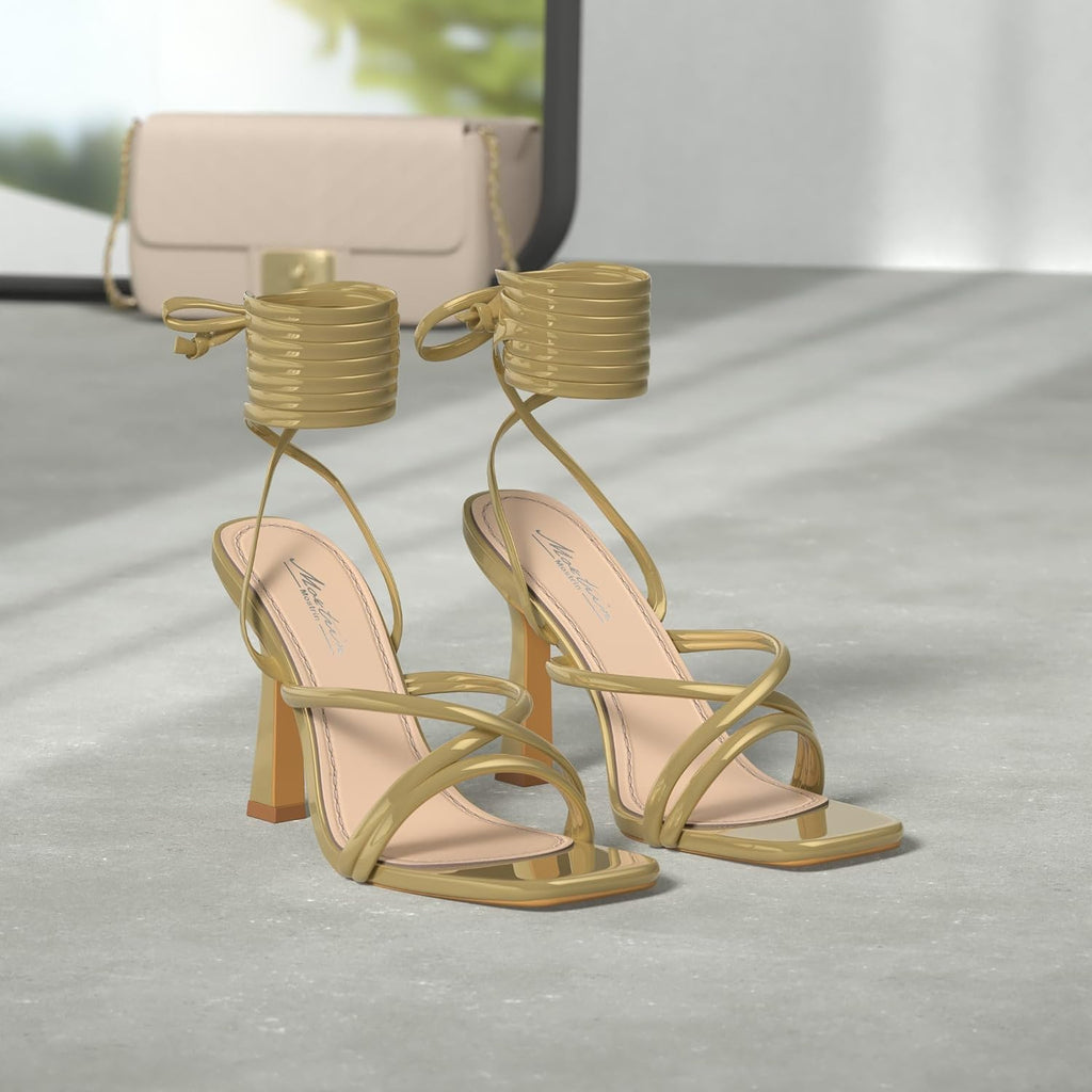 Mostrin Womens Sandals Strappy Heels For Women Lace Up Square Open Toe Heels Tie Up High Heeled Sandals For Prom, Party, Daily Wear