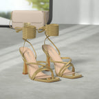 Mostrin Womens Sandals Strappy Heels For Women Lace Up Square Open Toe Heels Tie Up High Heeled Sandals For Prom, Party, Daily Wear