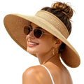 Sun Hats Visor for Women, UV UPF Straw Beach Hat Foldable Wide Brim Ponytail Summer Hats Packable Travel