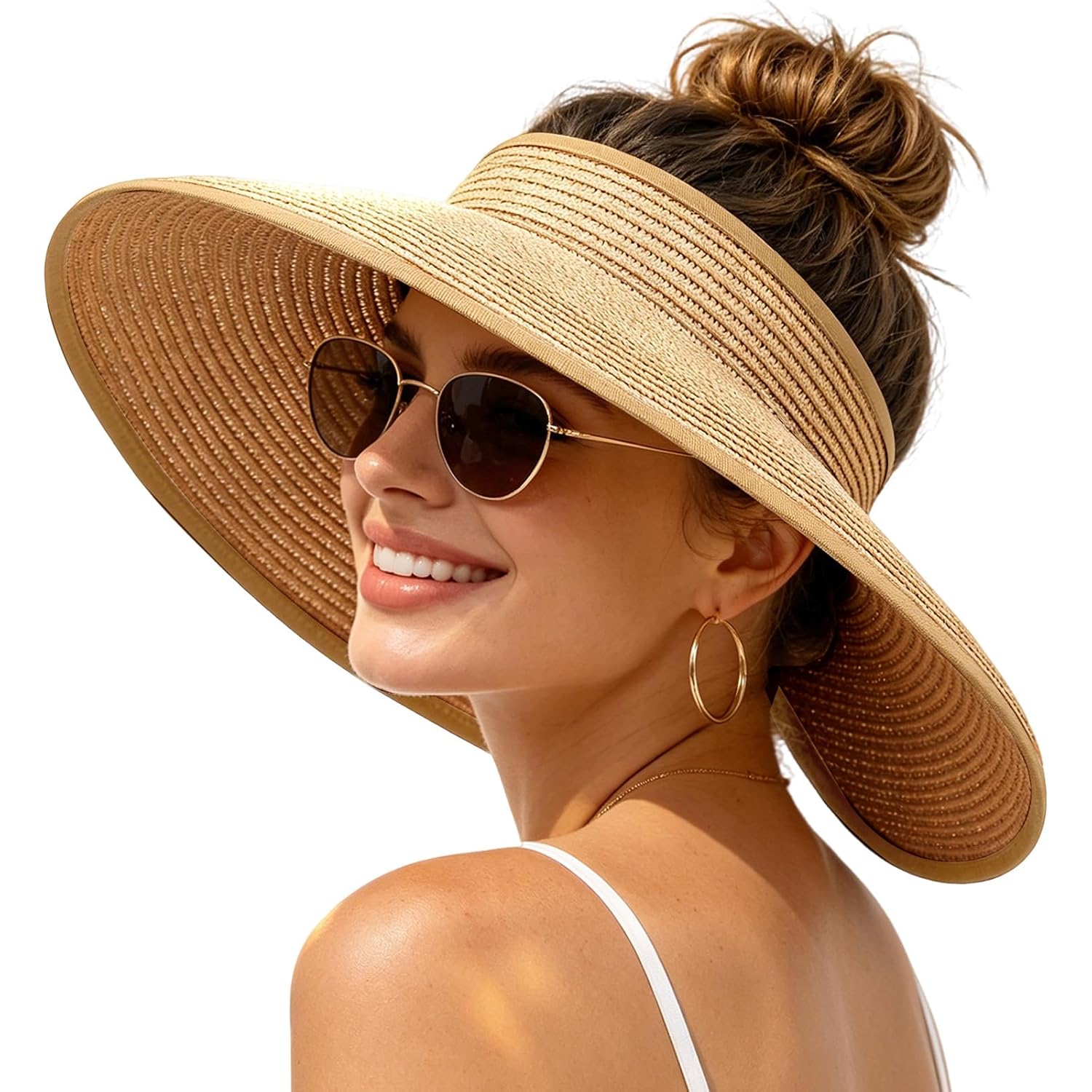 Sun Hats Visor for Women, UV UPF Straw Beach Hat Foldable Wide Brim Ponytail Summer Hats Packable Travel