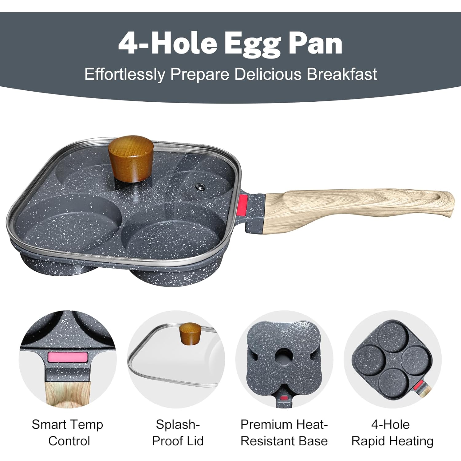 4‑Cup Nonstick Egg Pan Set with Lid – Aluminum Omelette Skillet for Breakfast, Includes Silicone Scraper, Oil Brush, Chopsticks & Cleaning Cloth – Compatible with Gas & Induction Cooktops (Black)