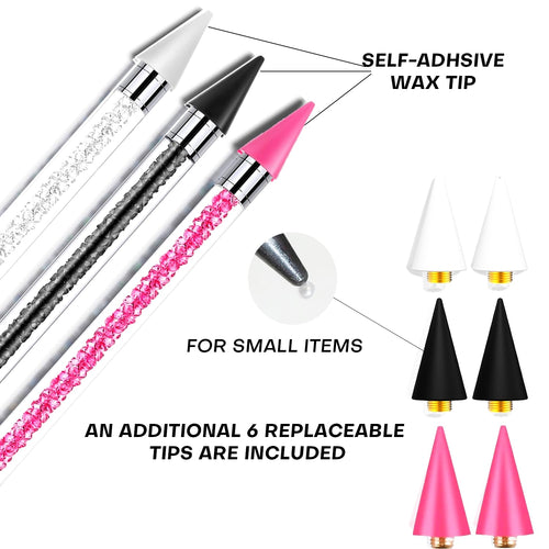 14 Pcs Rhinestone Picker Tool - 3 Pcs Dual-head Pens with 6 Wax Tips, Useful Clay, Precision Curved and Straight Tweezers Kit for Picking Up Nail Art Gems, Stones, Crystals, and Nail Charms