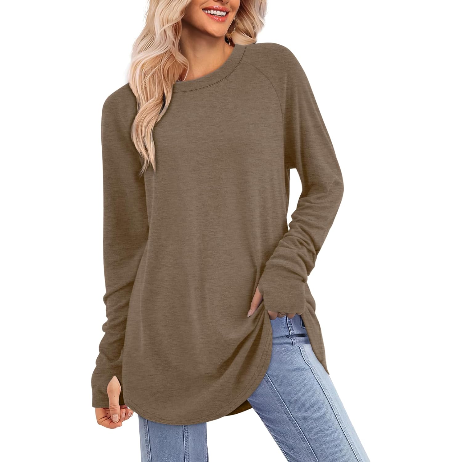 Womens Tunic Tops Long Sleeve Thumb Hole Shirts Fall Sweater Crew Neck Winter Fashion Clothes 2025