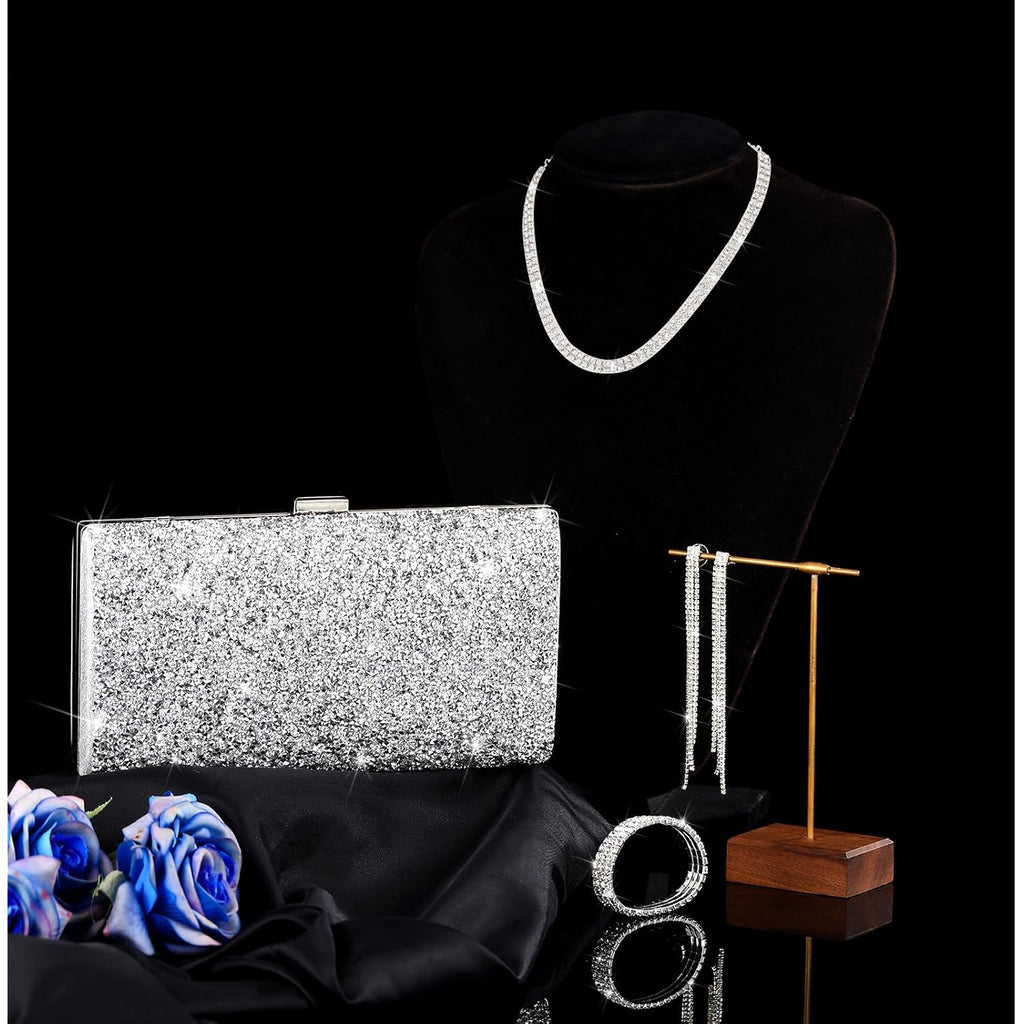 Kigeli 4 Pieces Women Rhinestone Evening Clutch Bag Bling Earring Necklace Bracelet for Wedding Graduation Prom